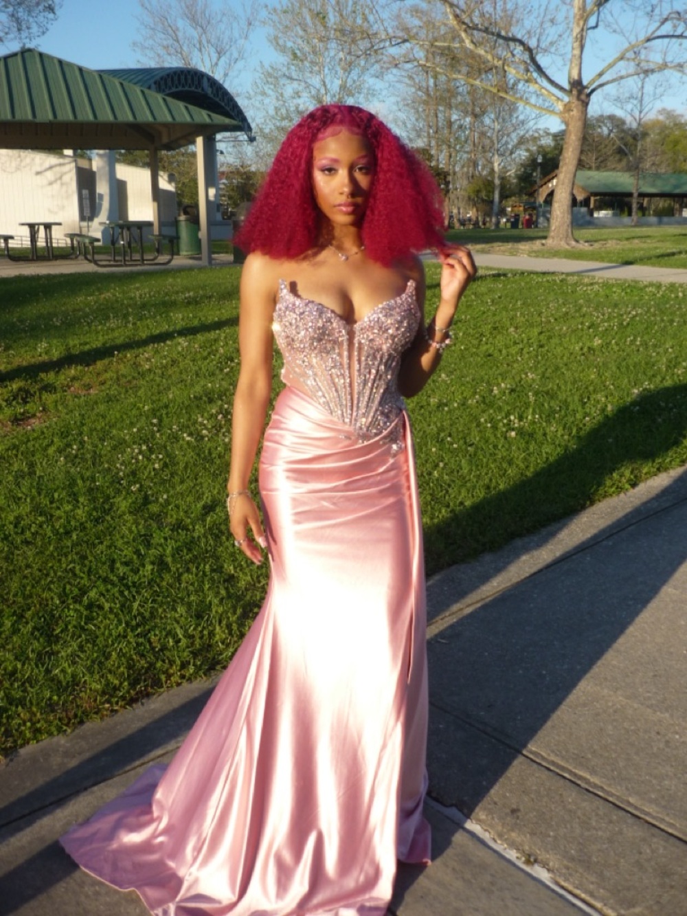 Elegant Pink Beaded Satin Evening Gown